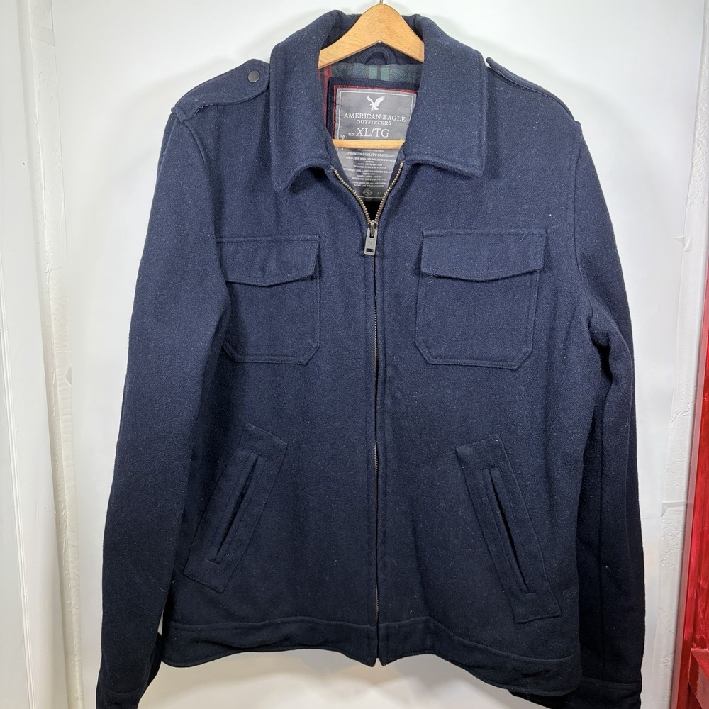 American Eagle Outfitter Jacket Mens Extra Large Navy Wool Blend Zip Plaid Lined